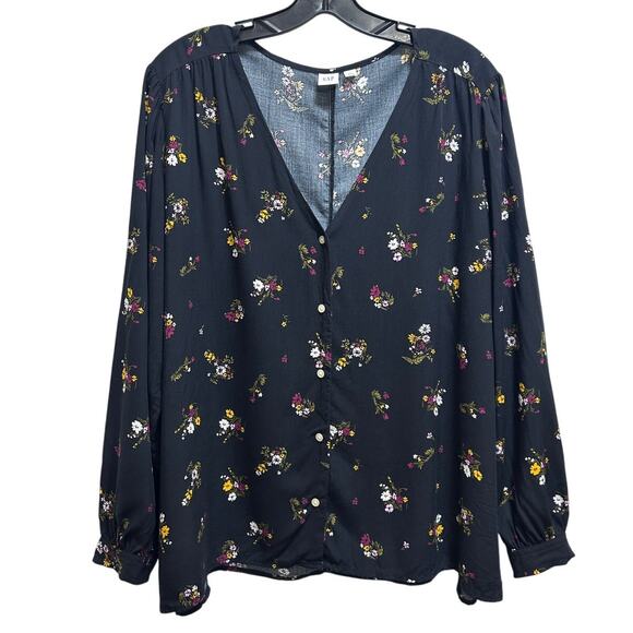 Gap Tops - Gap Black Ditsy Floral Print Long Sleeve Blouse XXL Button Front Casual Rayon